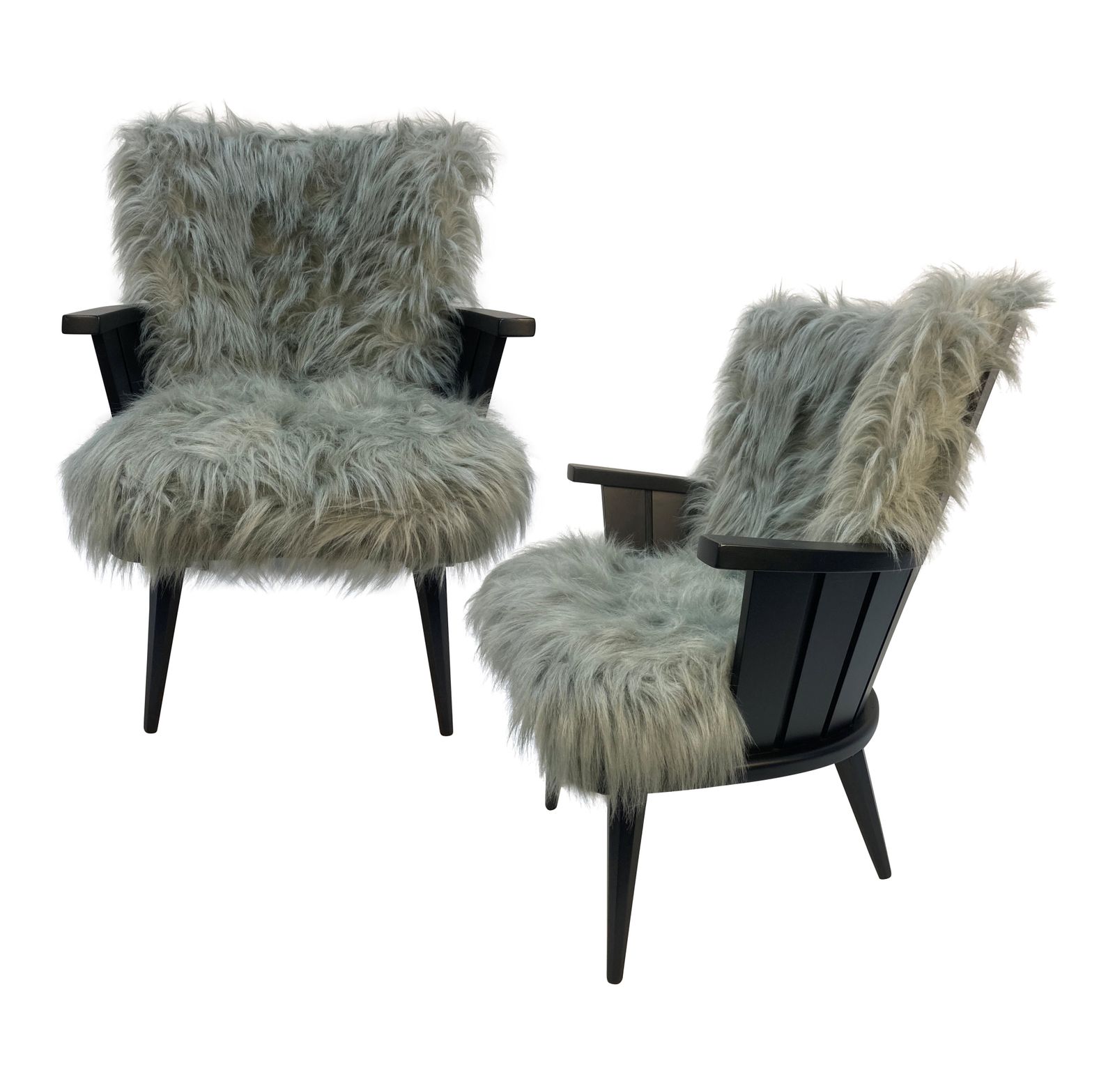 A Pair Of French Mid Century Black Lacquered Fluffy Armchairs