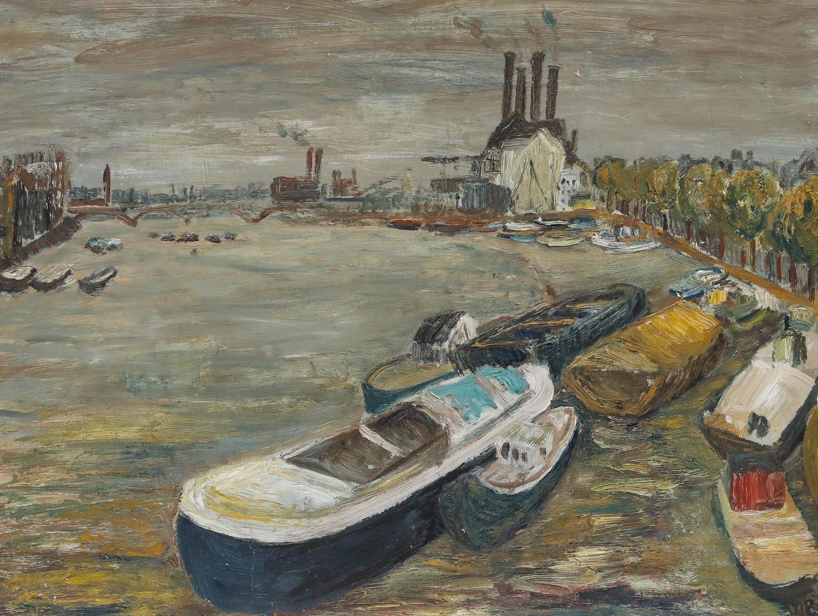 Modern British  Mid 20th Century Oil Barges On The Thames At Battersea photo furniture