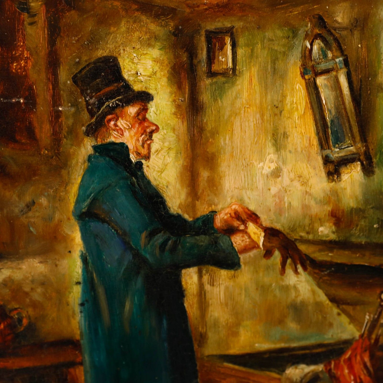 A. Durcak Early 20th Century Oil, Man With Umbrella photo for sale