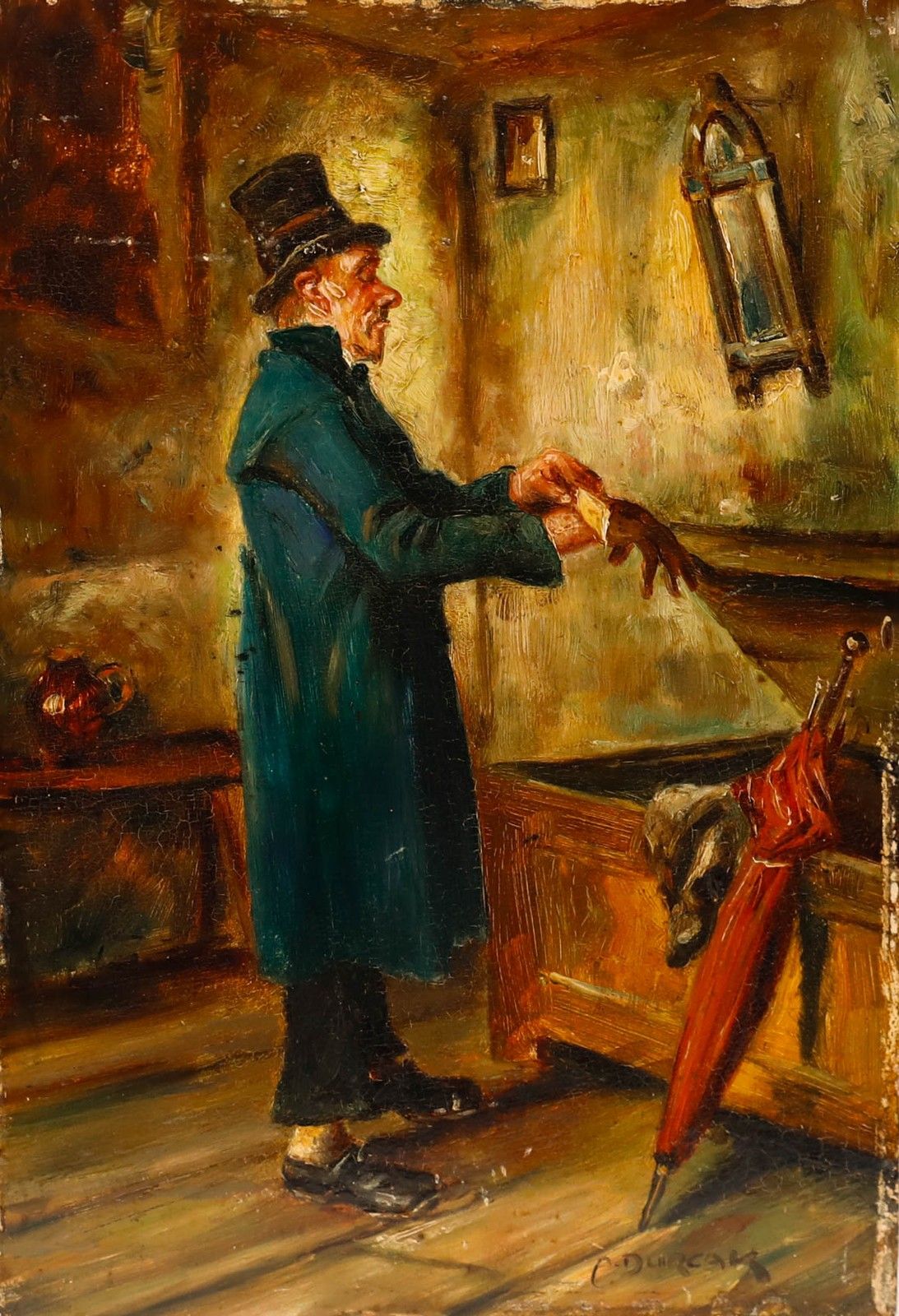 A. Durcak Early 20th Century Oil, Man With Umbrella photo Art