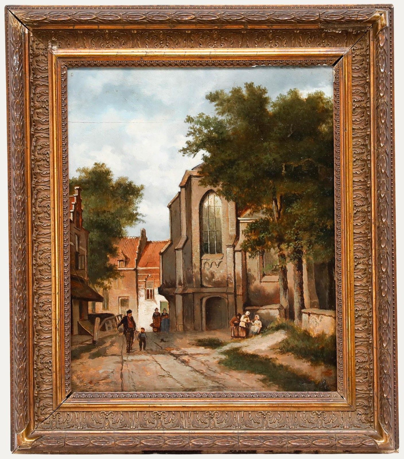 Framed 19th Century Oil Village Street Scene