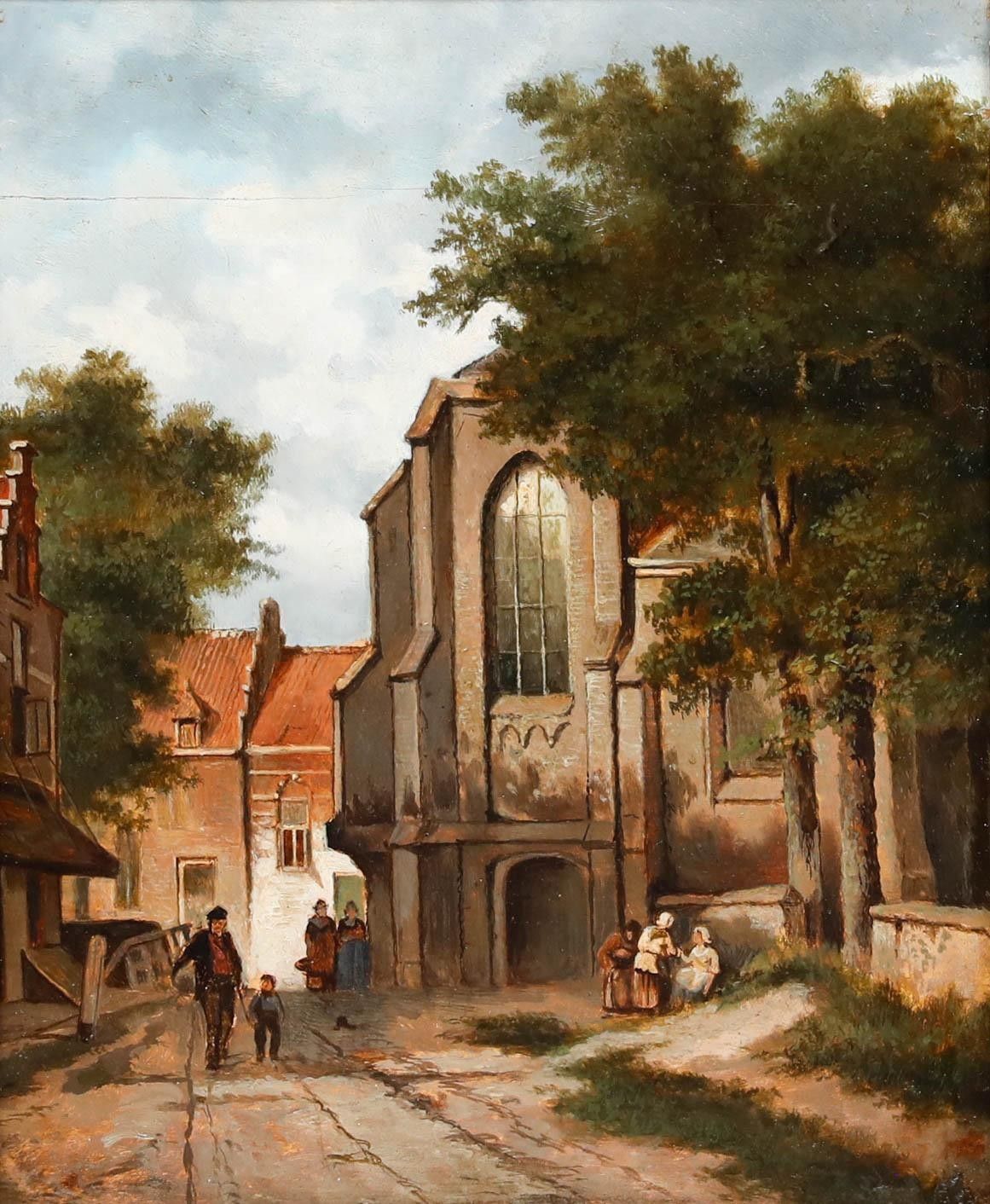 Framed 19th Century Oil Village Street Scene photo furniture