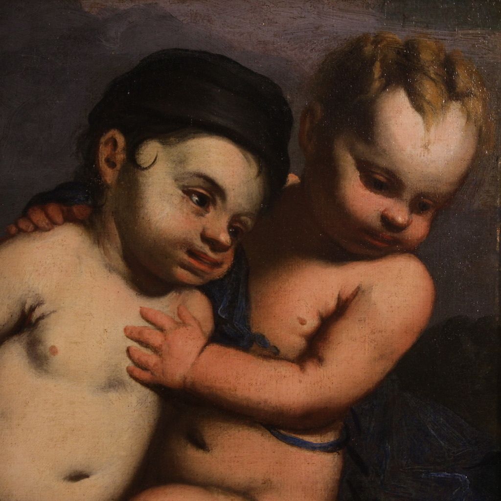 Italiaans Schilderij, 17e Eeuwse School – Spelende Putti photo vintage