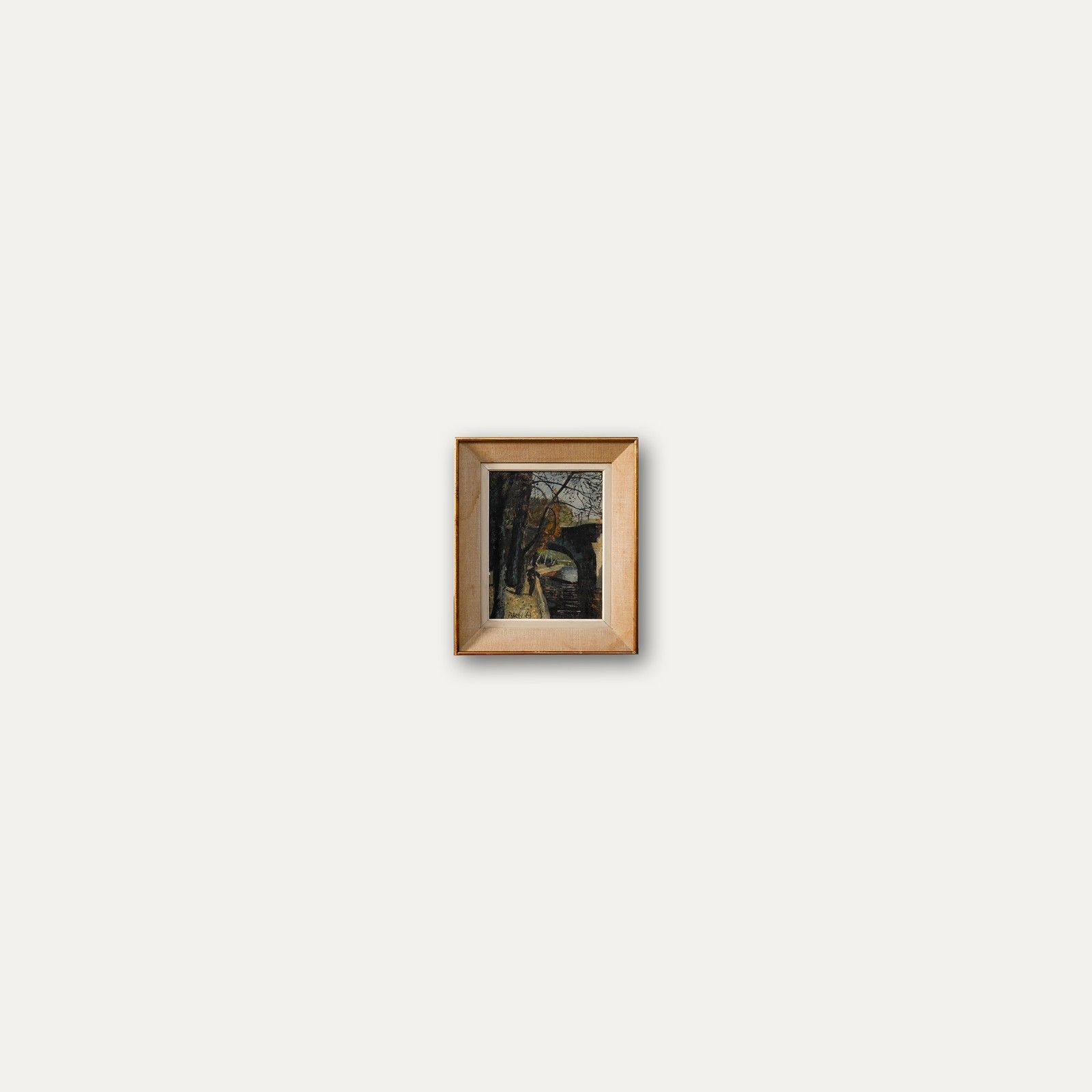 Pilou Framed Mid 20th Century Oil, Fishing Near The Bridge photo buy