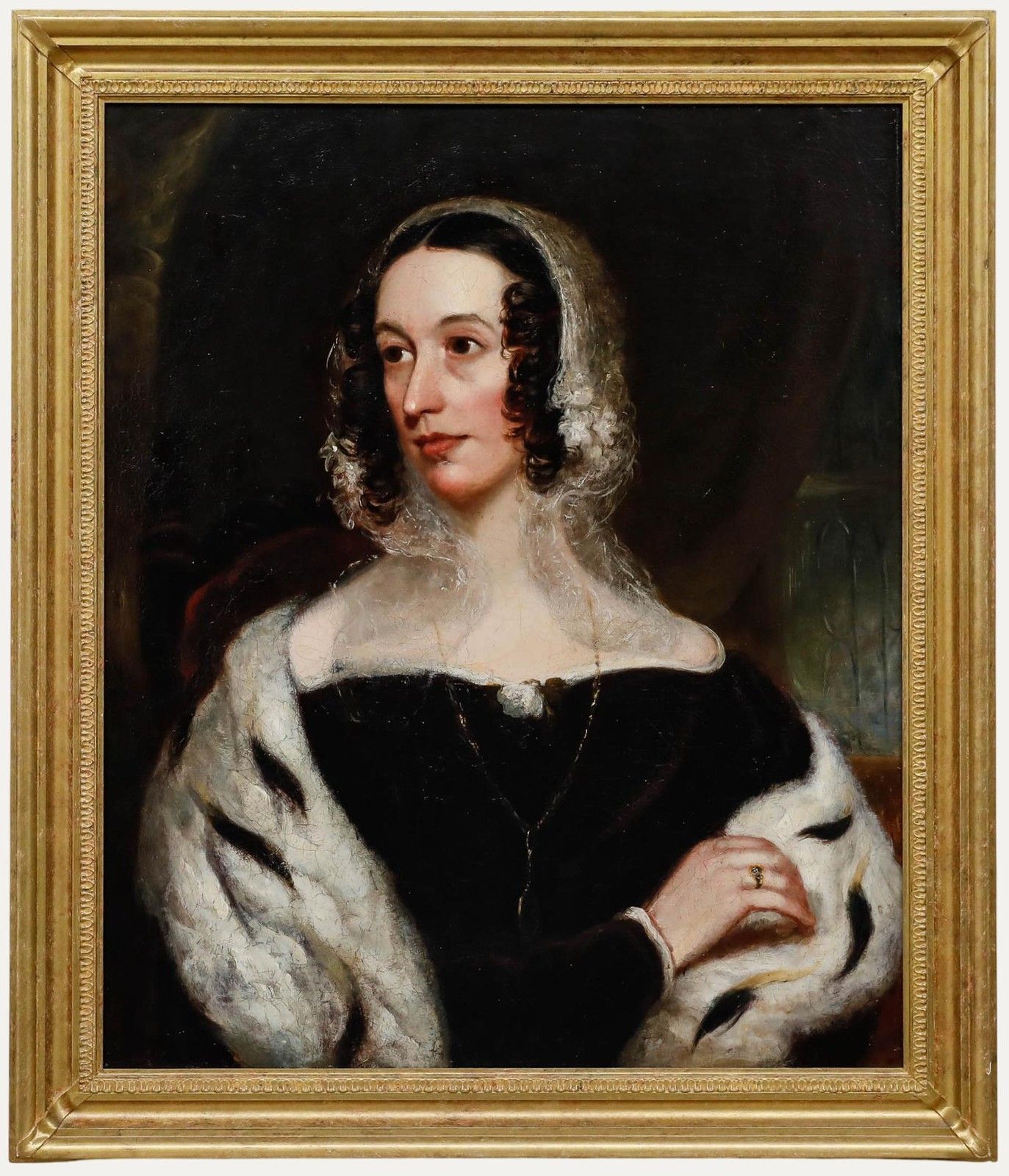 English School Mid 19th Century Oil Portrait Of A Lady With An Ermine Stole