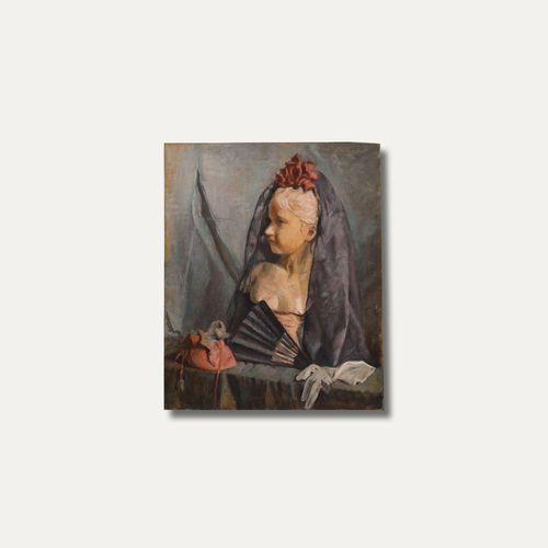 Cecile Hertz Eyrolles (1875 1974) Mid 20th Century Oil, Statue, Veil And Fan photo vintage