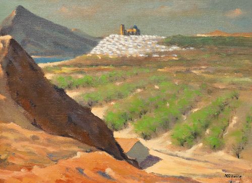 Nicolas De Roeck  Framed Mid 20th Century Oil, Le Village Sur Son Eperon, Altea photo furniture