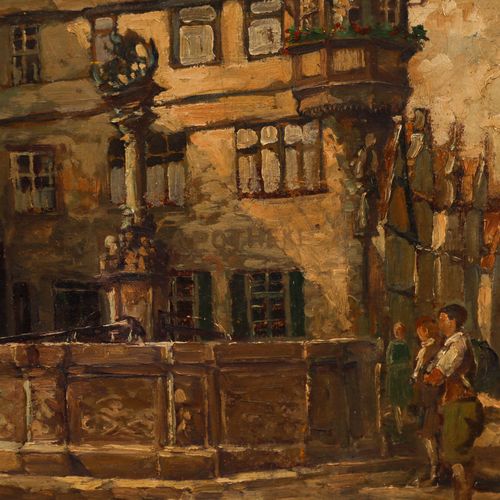 Framed Mid 20th Century Oil St George's Fountain, Rothenburg photo Art