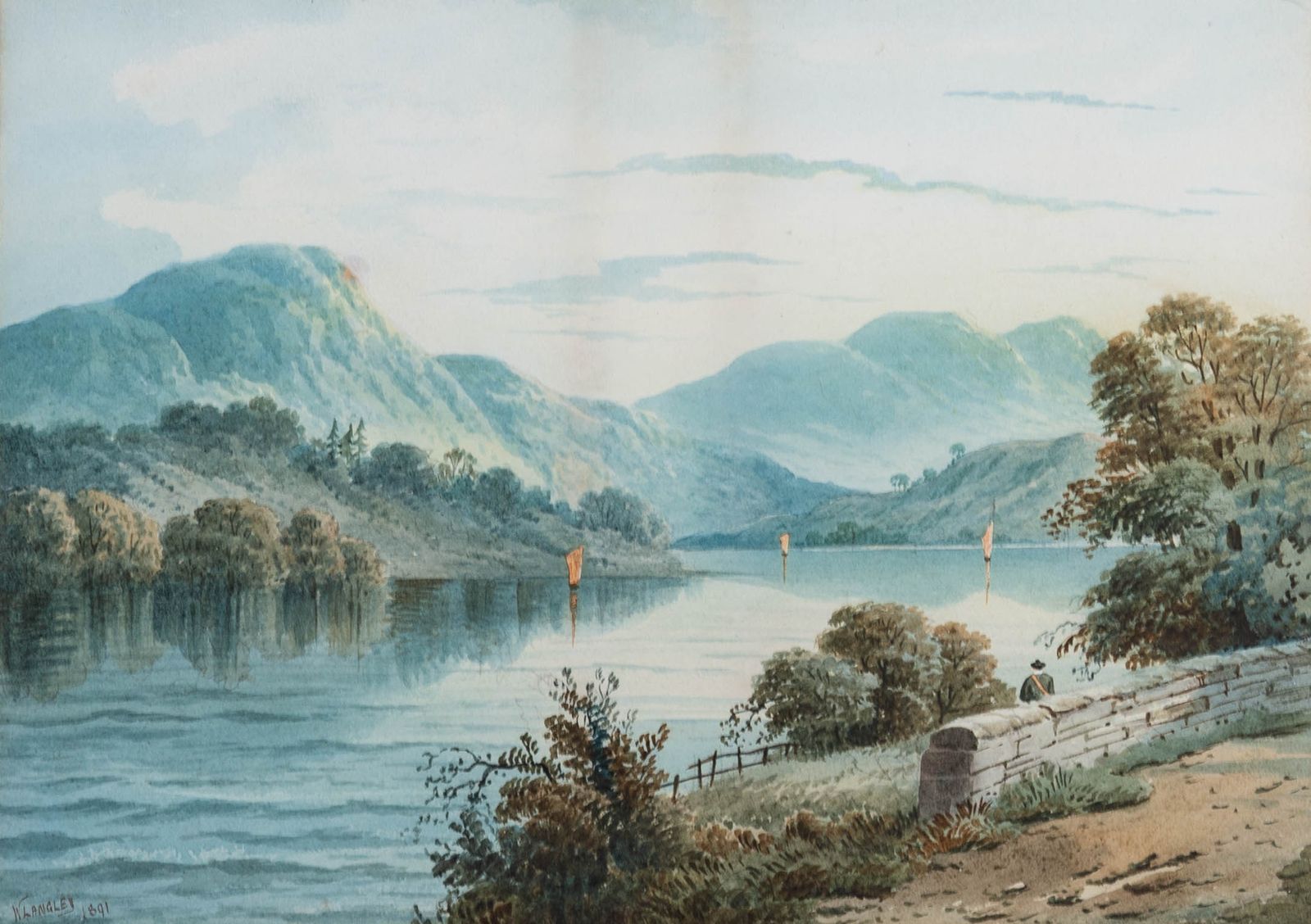 W. Langley  1891 Watercolour, Lake With Sailing Boats photo furniture