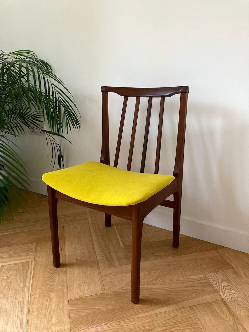 Vintage Mid Century Wooden Chairs X4 Yellow Velvet Seats photo furniture