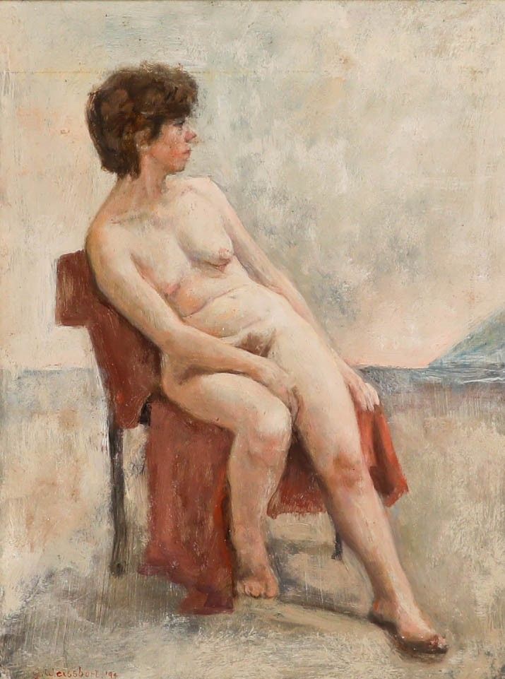 George Weissbort (1928 2013) Framed 20th Century Oil, Nude On Red Towel photo furniture