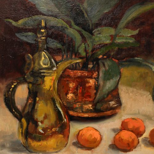 Burbidge 20th Century Oil, Still Life With Potted Plant And Apricots photo Art
