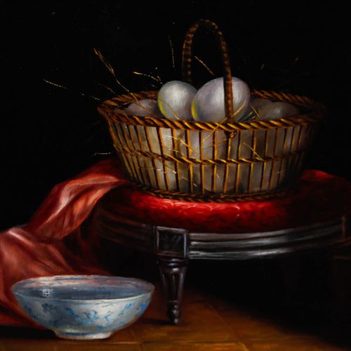 Herdin Radke (B.1943) Framed 20th Century Oil, Still Life With Egg Basket photo Art