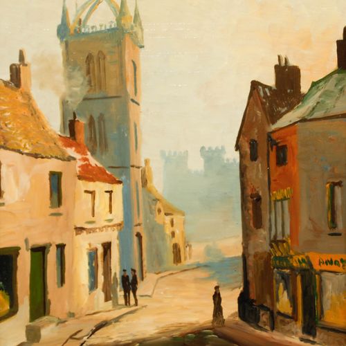 P. Wood Early 20th Century Oil, Church Street At Dawn photo Art