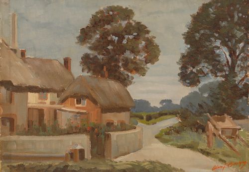 Alan J. Bowyer (1902 1986)  Mid 20th Century Oil, Cottage On The Corner photo furniture