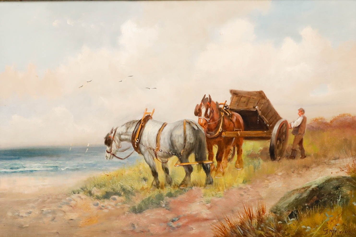 G. Melville  Early 20th Century Oil, Shire Horses By The Coast photo furniture