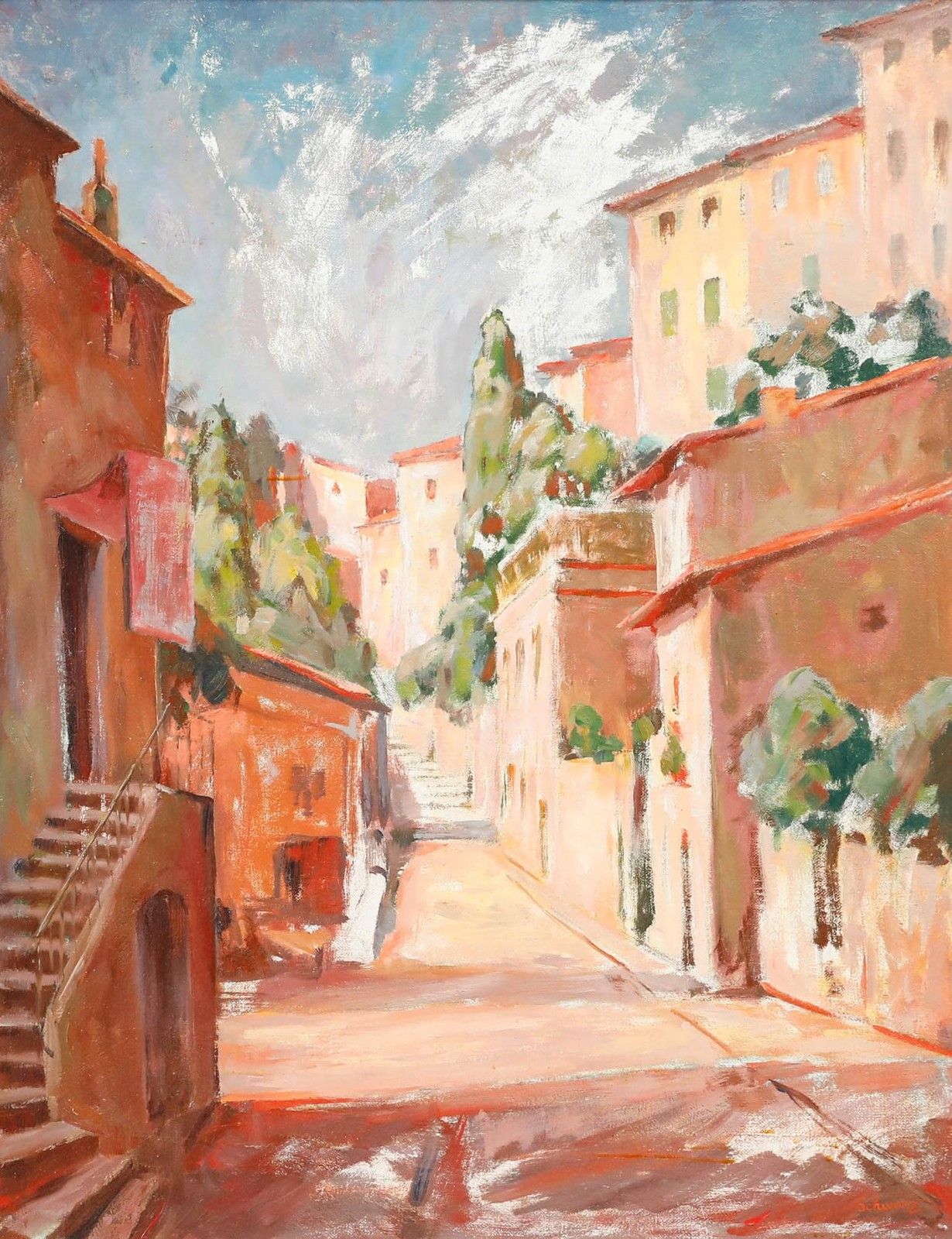 Karl Schwarz Framed 20th Century Oil, Street Scene In Southern Tuscany photo furniture