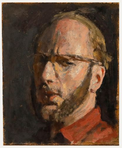 George Weissbort (1928 2013) Oil, Contemplative Self Portrait In Red