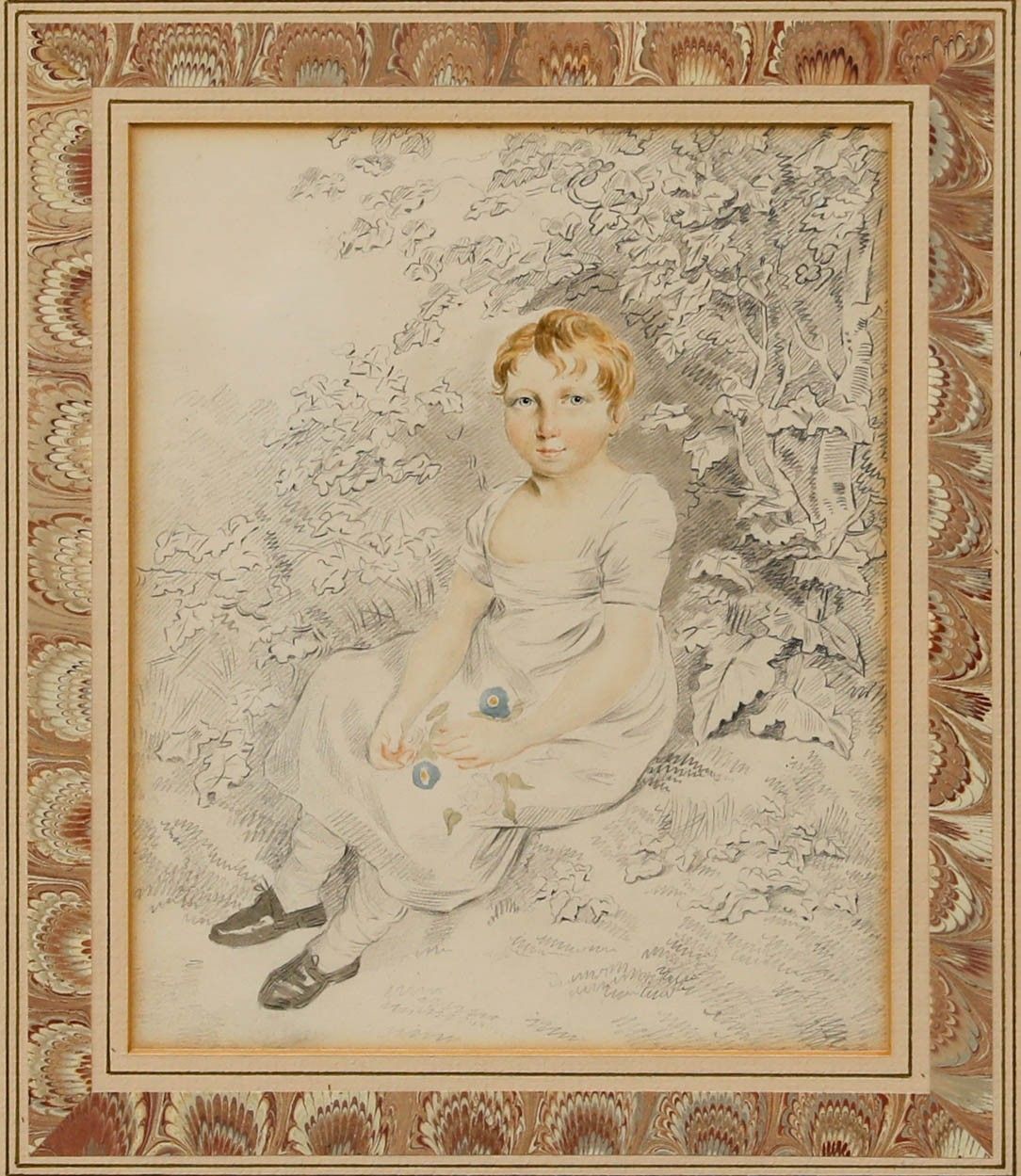 19th Century Watercolour Child Holding Flowers photo furniture