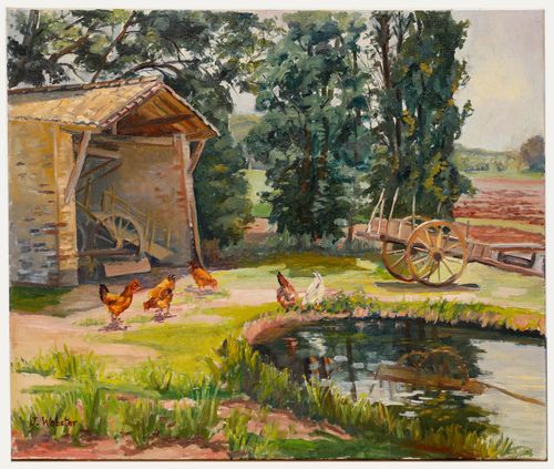 J. Webster  20th Century Oil, Chickens By The Pond