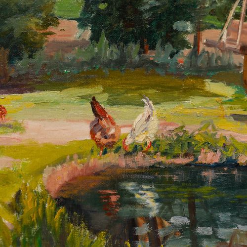 J. Webster  20th Century Oil, Chickens By The Pond photo Art
