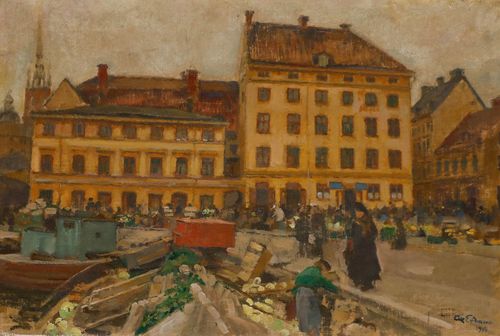 Axel Erdmann (1873 1954) Early 20th Century Oil, A Busy Market In Stockholm photo furniture