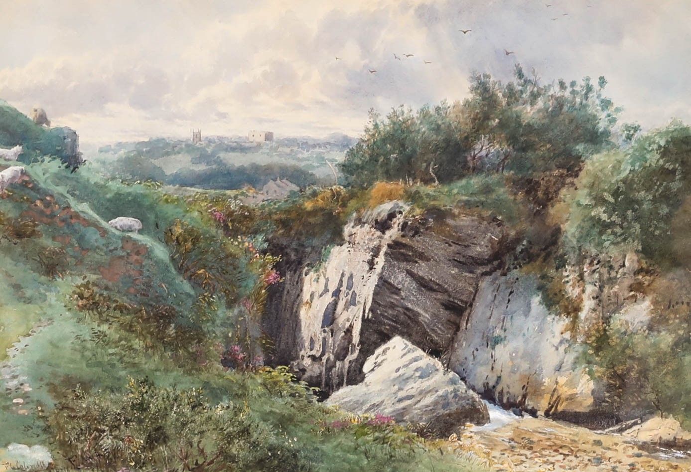 Francis G. Coleridge (1838 1923)  Framed Watercolour, Sheep Grazing Near A Gorge photo furniture