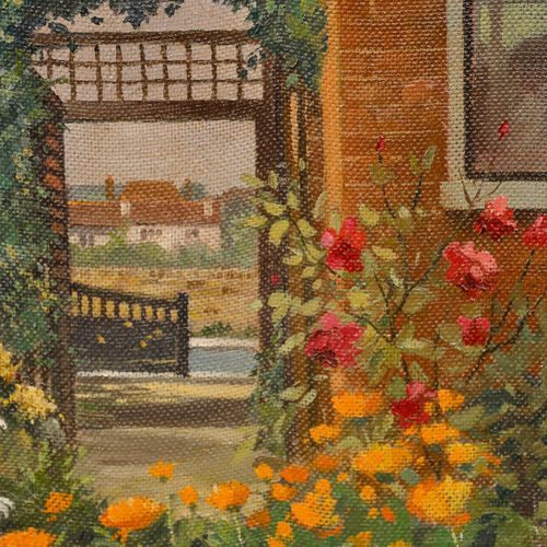 Framed Mid 20th Century Oil Flower Garden photo Art