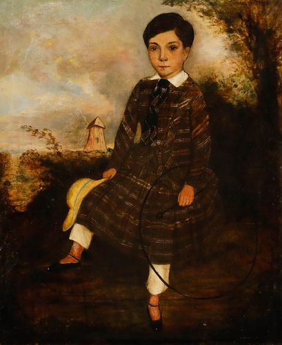 English School Folk Art  Early 19th Century Oil Young Boy In Plaid photo furniture