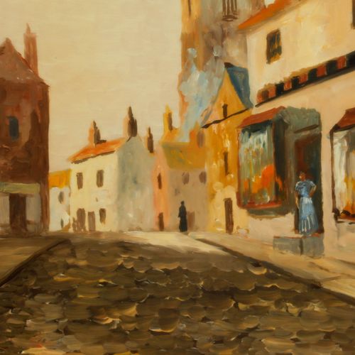 P. Wood Early 20th Century Oil, Morning On The Cobbled Street photo Art