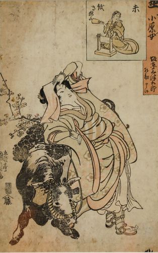 19th Century Japanese Woodblock Lady And Dairy Cow photo furniture