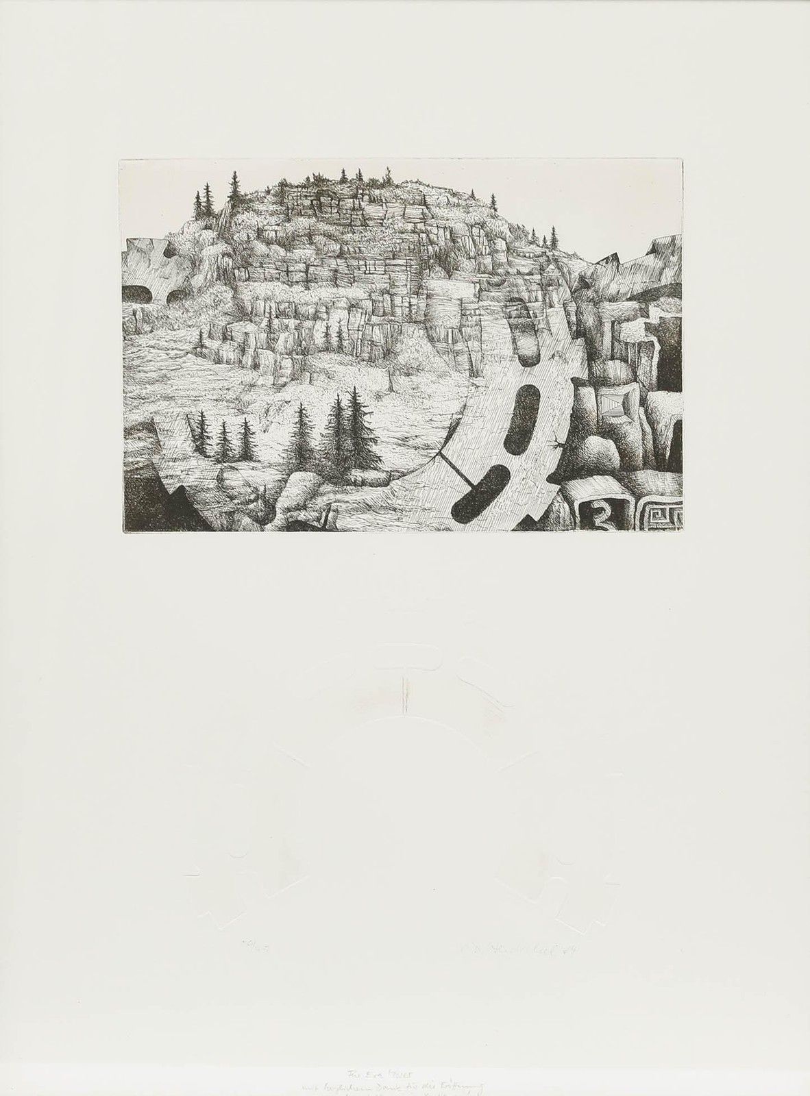 Claus D. Hentschel (1937 2012) Framed Etching, Geometrische Landschaft photo furniture
