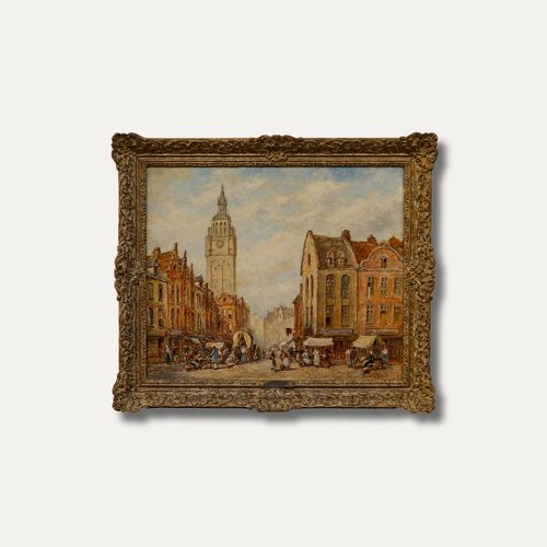 Pierre Le Boeuff (Fl. 1899 1920) Framed Oil, A Busy Street In Ghent photo vintage