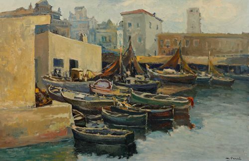 N. Peral Mid 20th Century Oil, Fisherman's Port, Barcelona photo furniture
