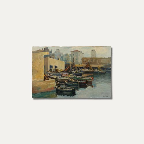 N. Peral Mid 20th Century Oil, Fisherman's Port, Barcelona photo vintage