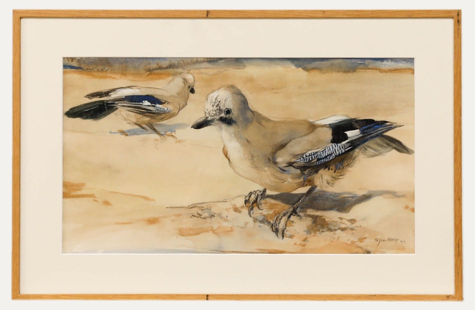 Adrianus Johannes Van 'T Hoff (1893 1939) Framed 1929 Watercolour, Two Jays