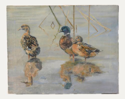 20th Century Oil Mallard Ducks Wading photo furniture