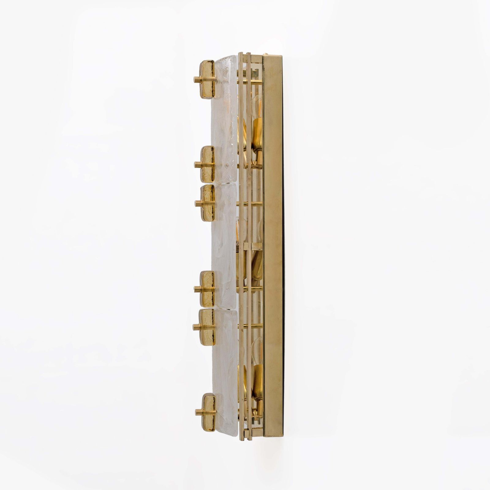 Pair Of Modern Sconces In Brass And Milk White Murano Glass And Amber Glass photo for sale