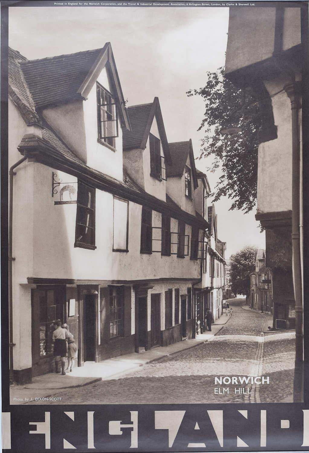 Norwich, Elm Hill, Vintage 1950s Travel Poster By J. Dixon Scott, C.1950