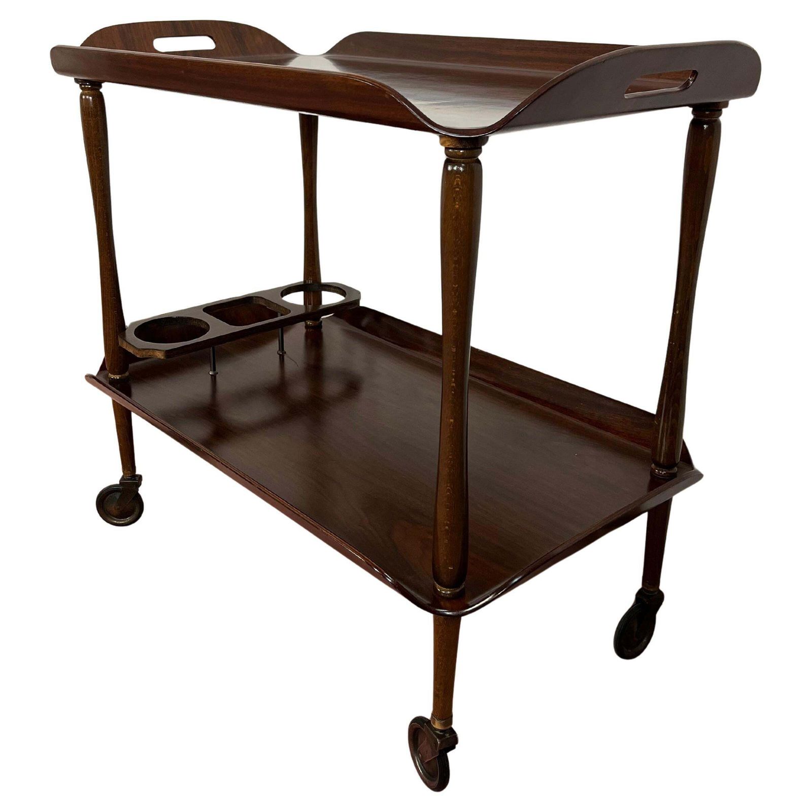 Mid Century Italian Curved Wood Bar Cart, Brass Accessories 1950s