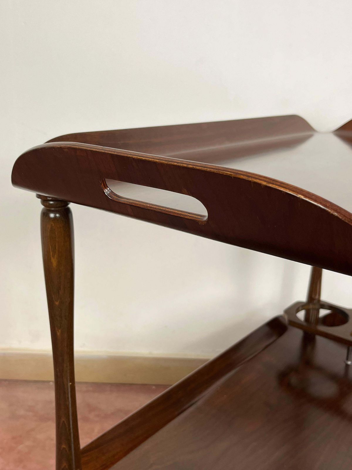 Mid Century Italian Curved Wood Bar Cart, Brass Accessories 1950s photo furniture