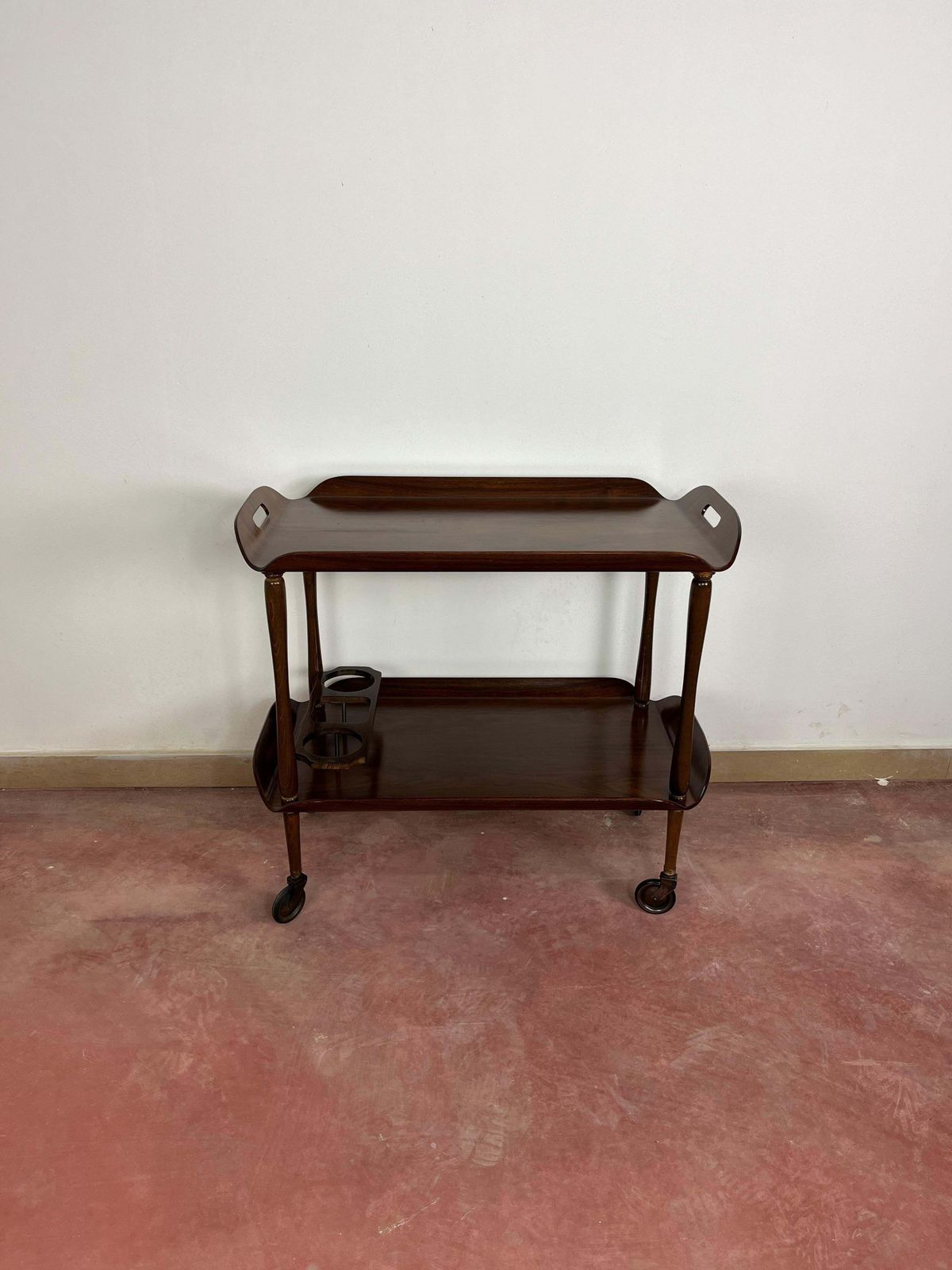 Mid Century Italian Curved Wood Bar Cart, Brass Accessories 1950s photo vintage