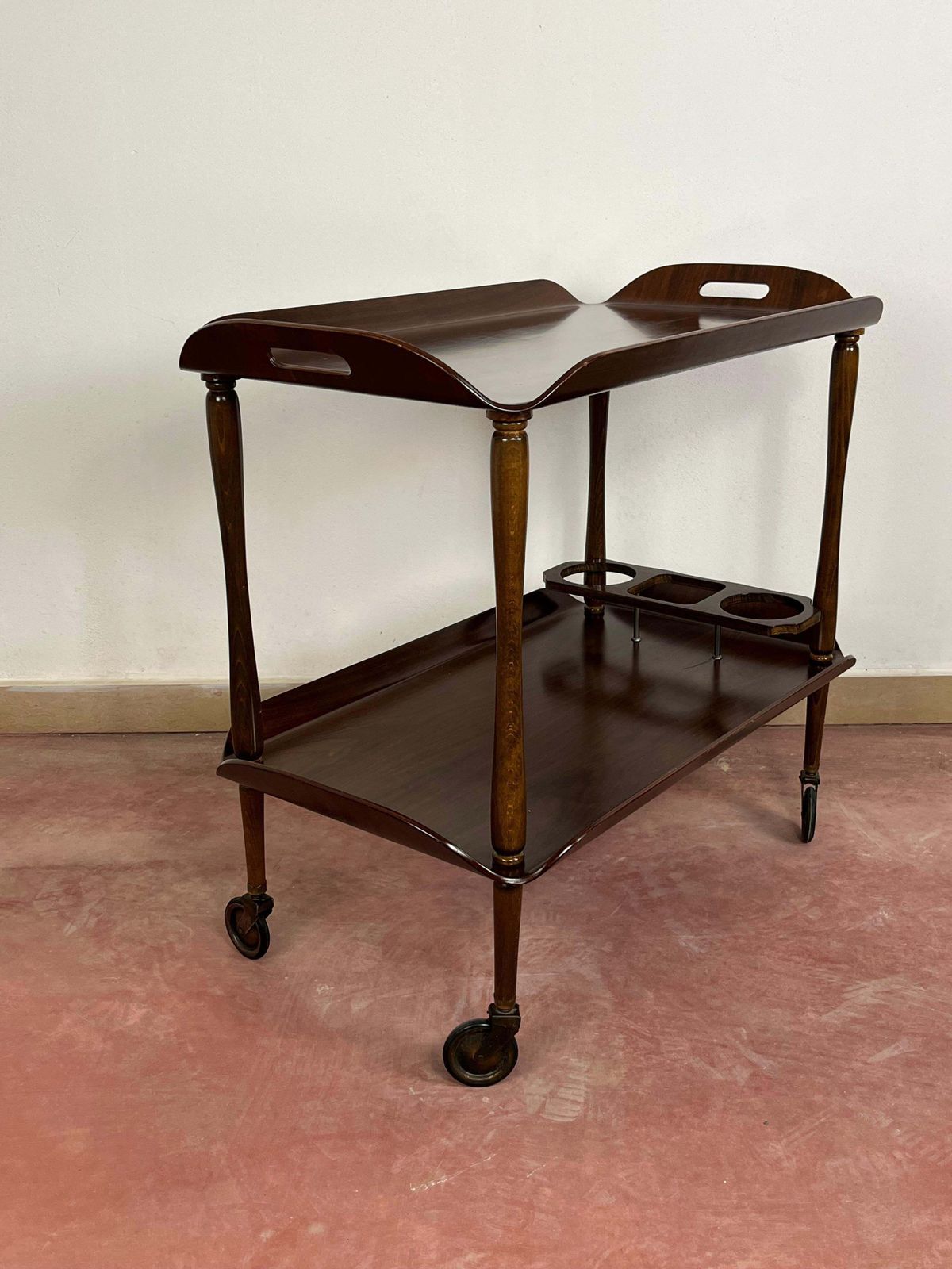 photo for sale Mid Century Italian Curved Wood Bar Cart, Brass Accessories 1950s