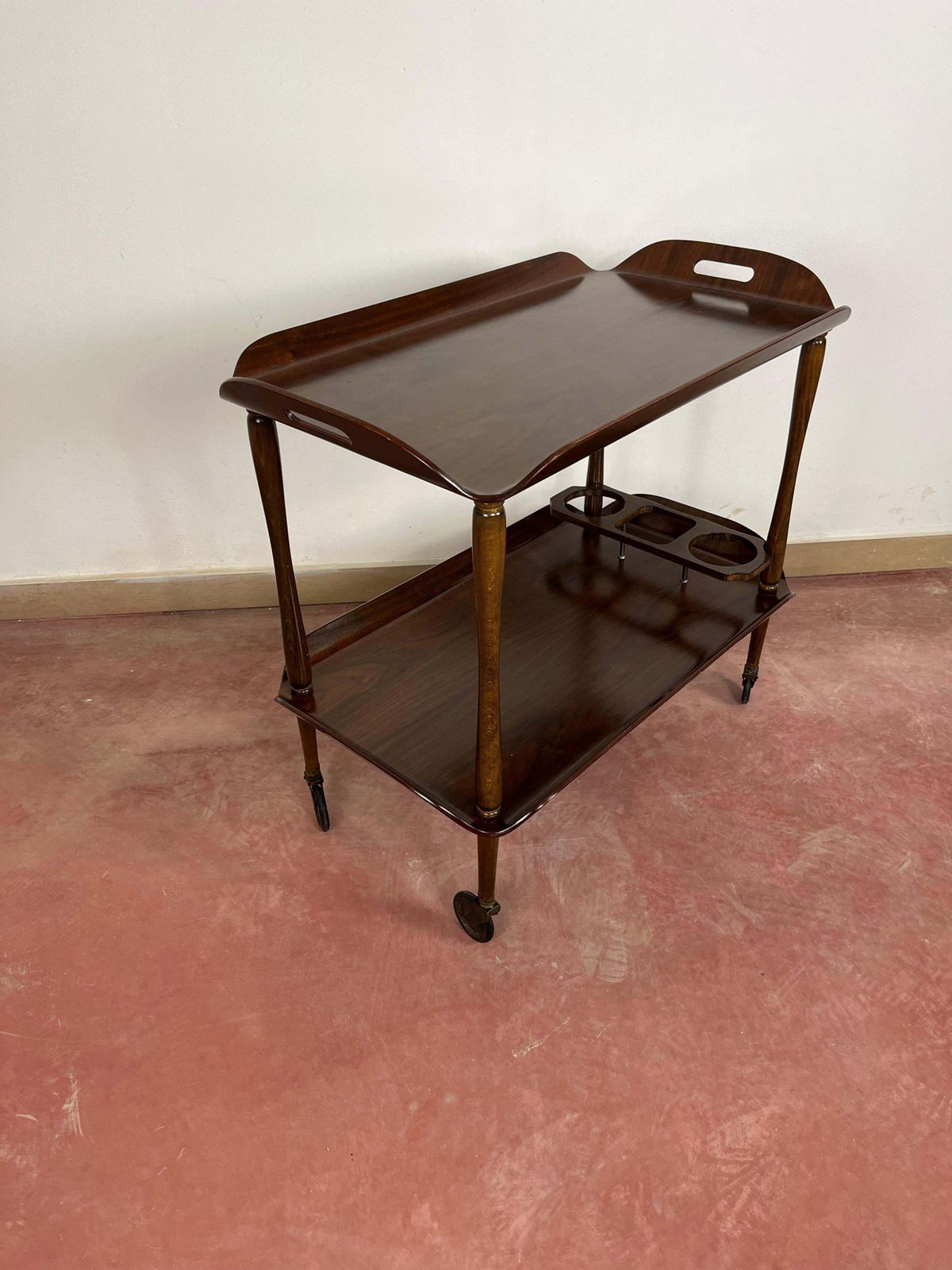 Home Decor Mid Century Italian Curved Wood Bar Cart, Brass Accessories 1950s photo