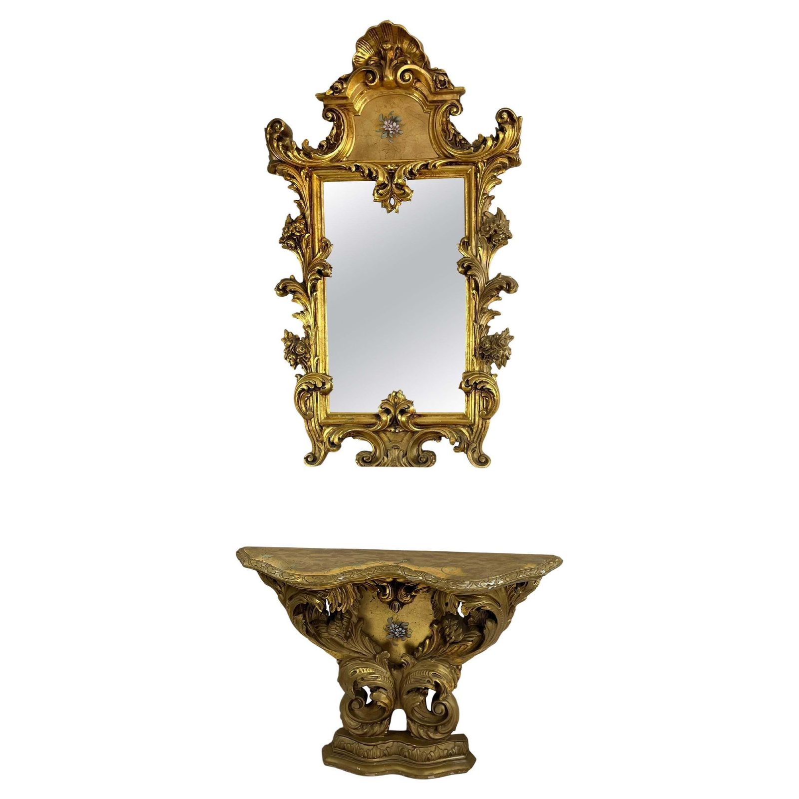 Mid Century Louis XV Console And Wall Mirror In Carved And Gilt Wood, 1930s