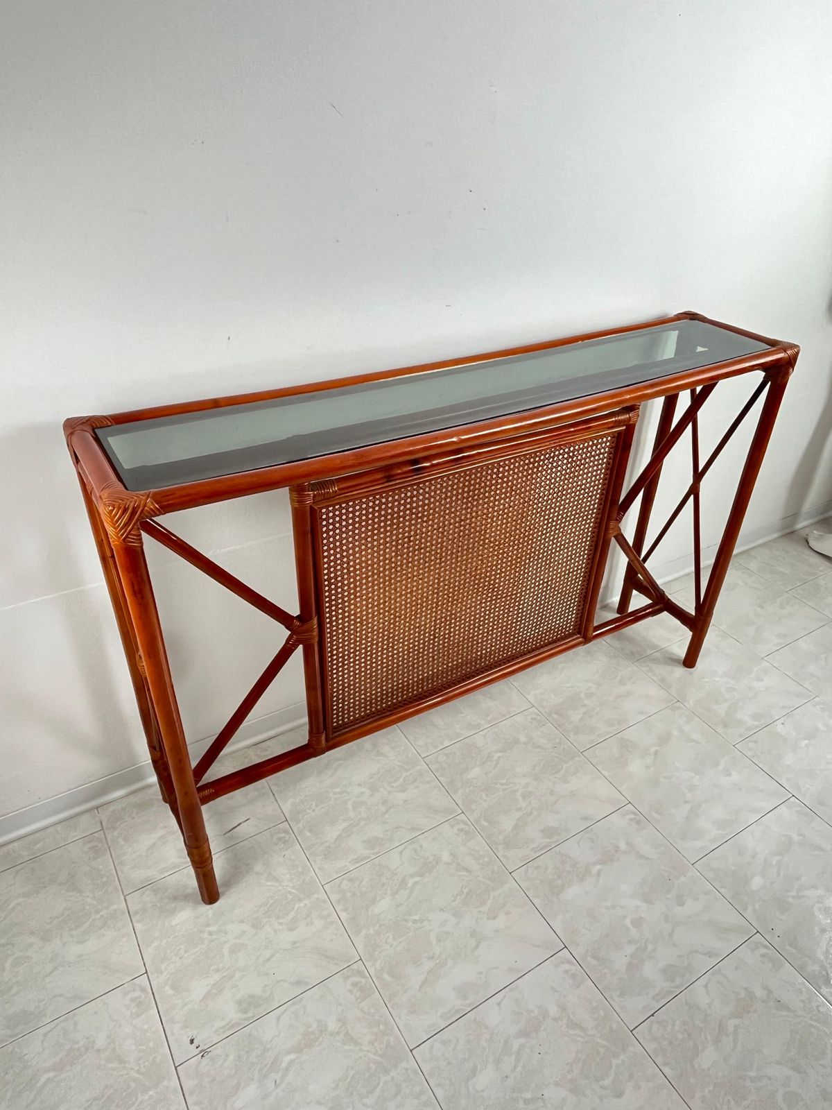 photo furniture Set Of 2 Bamboo And Rattan Console And Mirror Attributed To Franco Albini 1960s