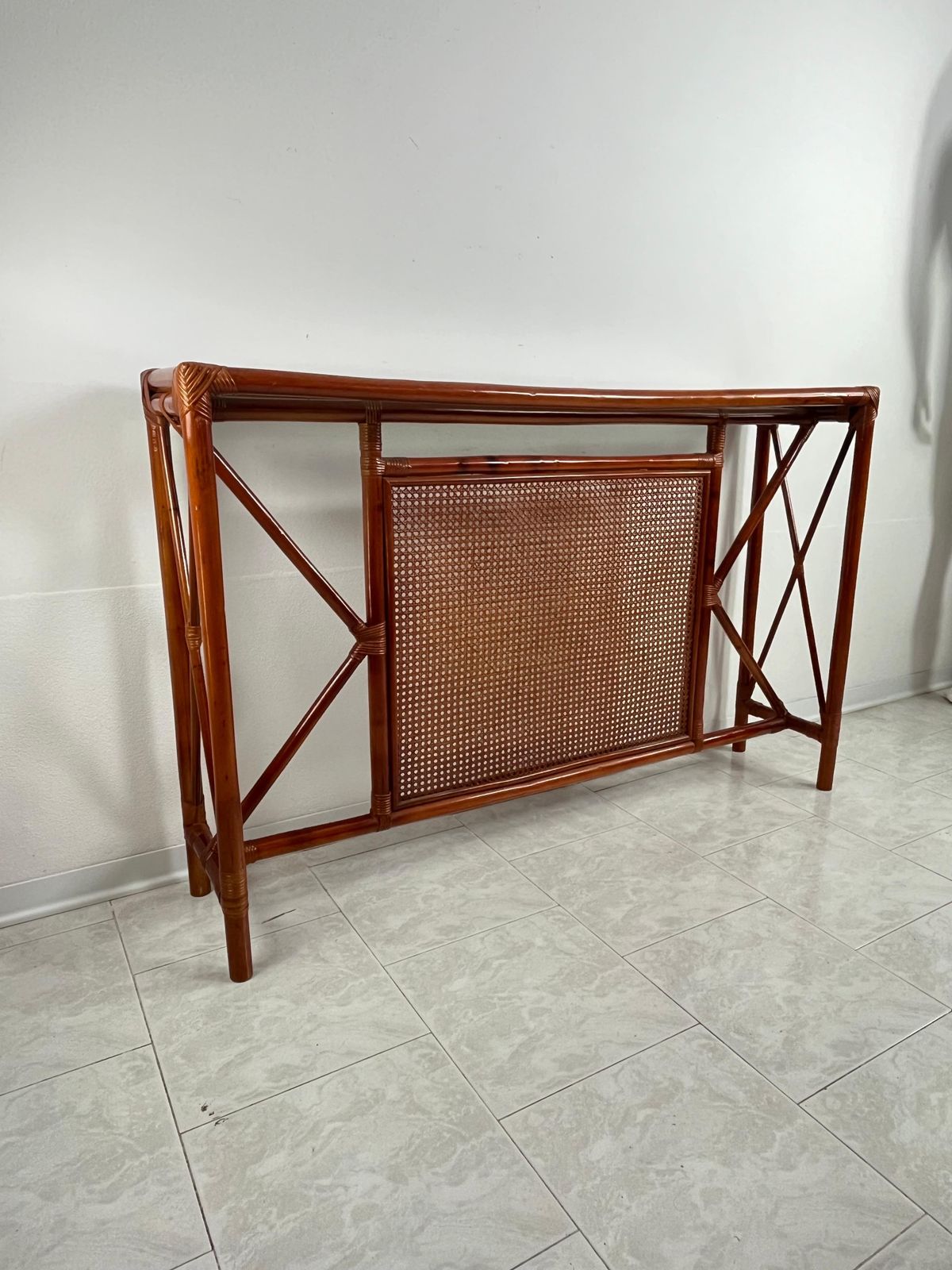photo for sale Set Of 2 Bamboo And Rattan Console And Mirror Attributed To Franco Albini 1960s