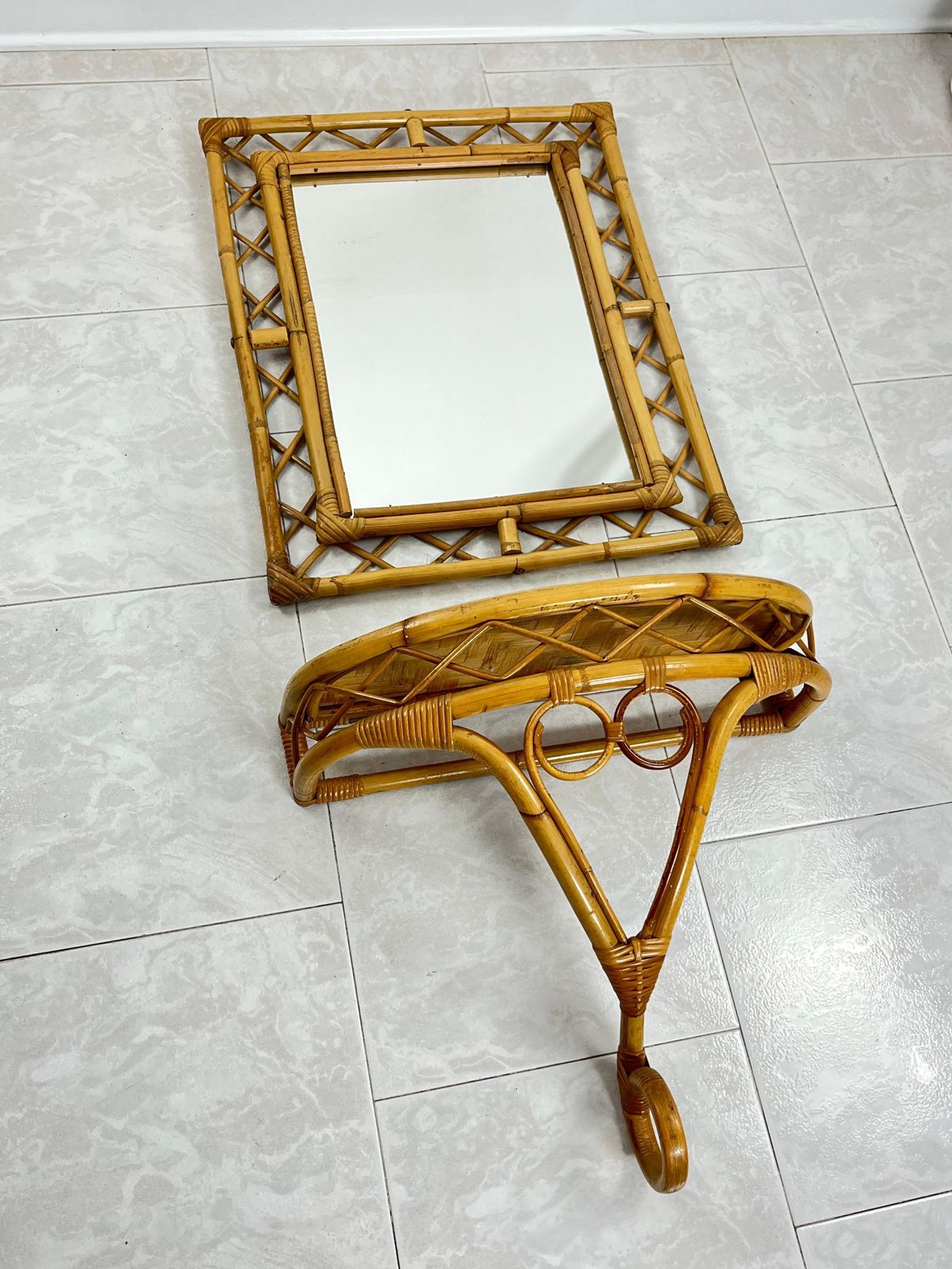 Set Of 2 Tito Agnoli Mid Century Bamboo Mirror And Console 1960s photo furniture