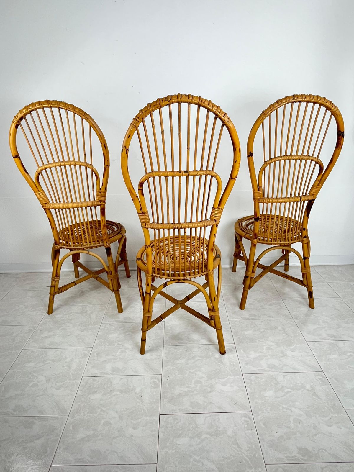 Set Of 3 Mid Century Bamboo  Chairs With Fan Backs Italian Design  1950s photo for sale