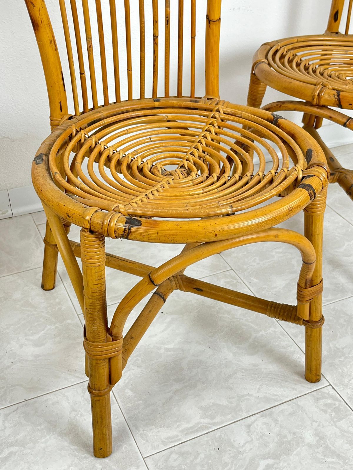 Set Of 3 Mid Century Bamboo  Chairs With Fan Backs Italian Design  1950s photo vinterior